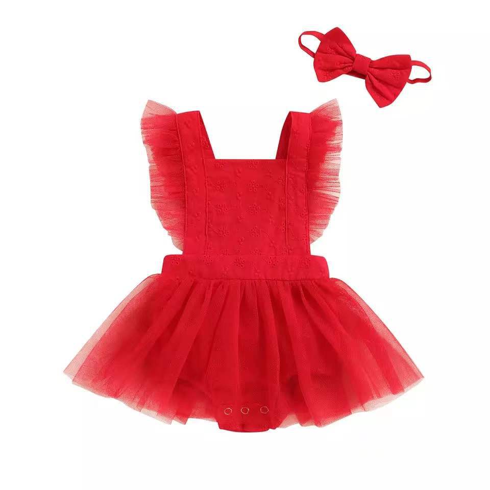 Baby Girls Red Sleeveless Mesh Suspender Bodysuit Dresses With Headband - PrettyKid