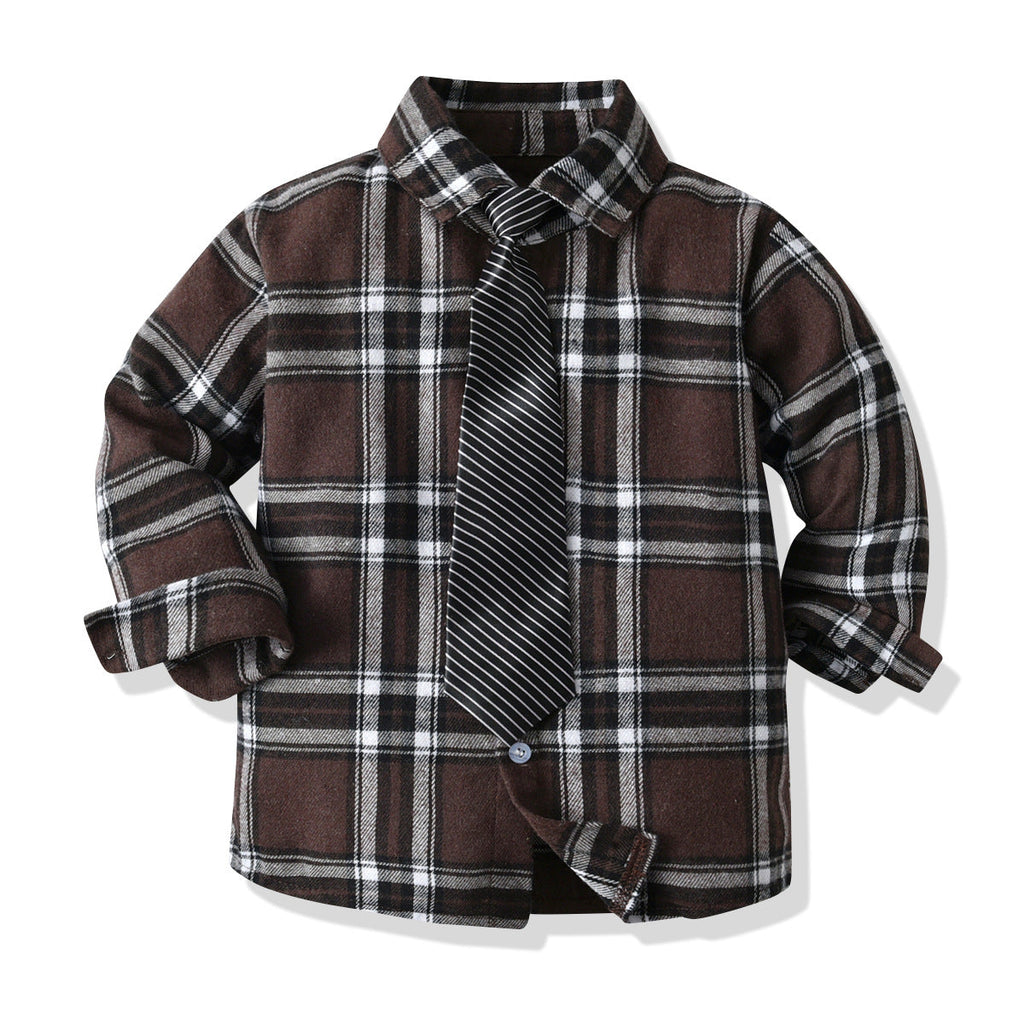Coffee Plaid Wholesale Shirt With Necktie For Toddler Boy - PrettyKid