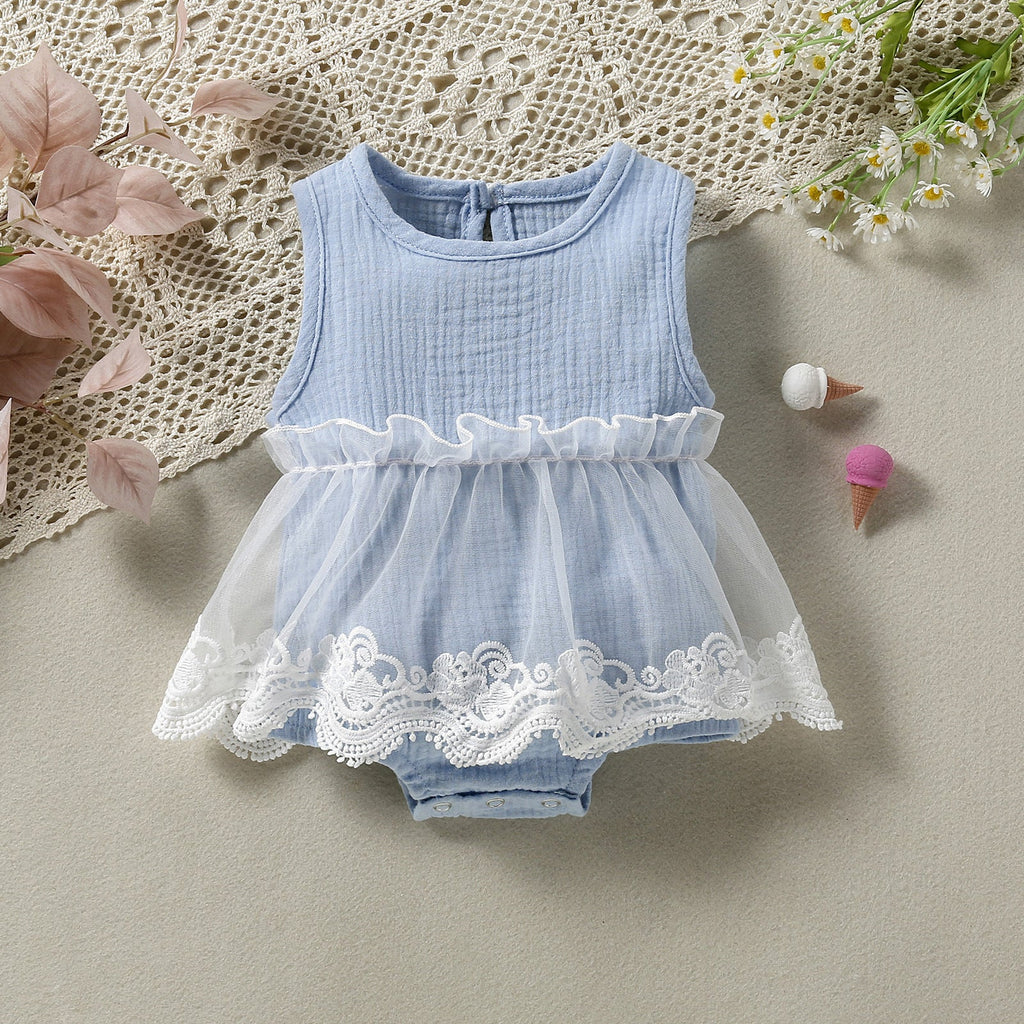 Baby Girl Sleeveless Lace Mesh Bodysuit Baby One Piece Jumpsuit - PrettyKid