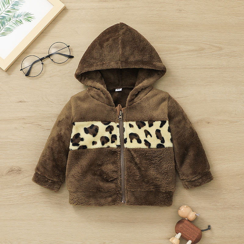 Colorblock Leopard Print Plush Hooded Baby Coats - PrettyKid