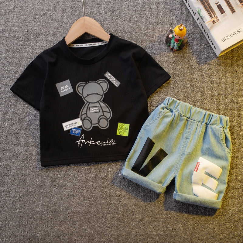 9M-4Y Round Neck Bear Print Short-Sleeved T-Shirt Casual Denim Shorts Two-Piece Set Wholesale Baby Clothes - PrettyKid
