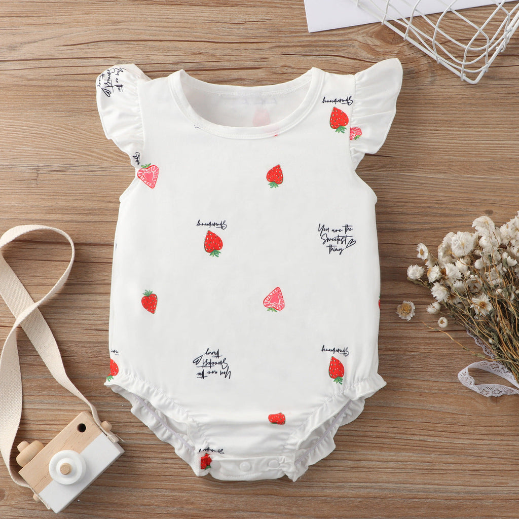 Baby Girl Strawberry Print Fly Sleeve Bodysuit Baby Sleeveless Jumpsuit - PrettyKid