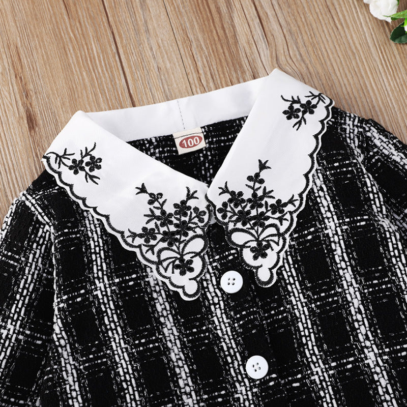 Check Coat With Floral Pattern Collar Wholesale Girls Coat - PrettyKid