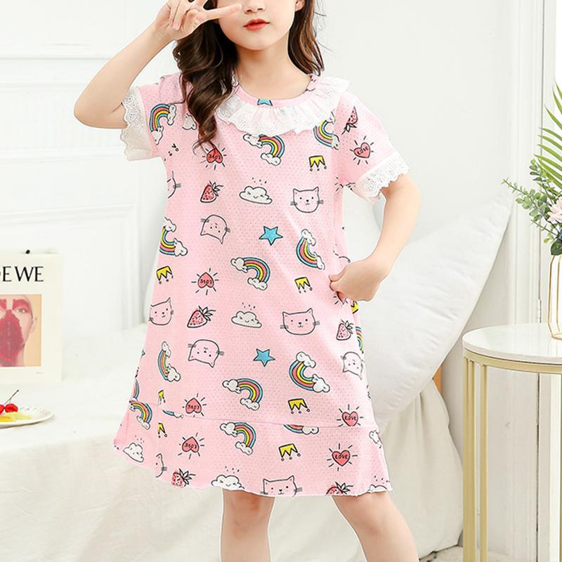 Grow Girl Rainbow Pattern Lace Stitching Pajamas Dress - PrettyKid