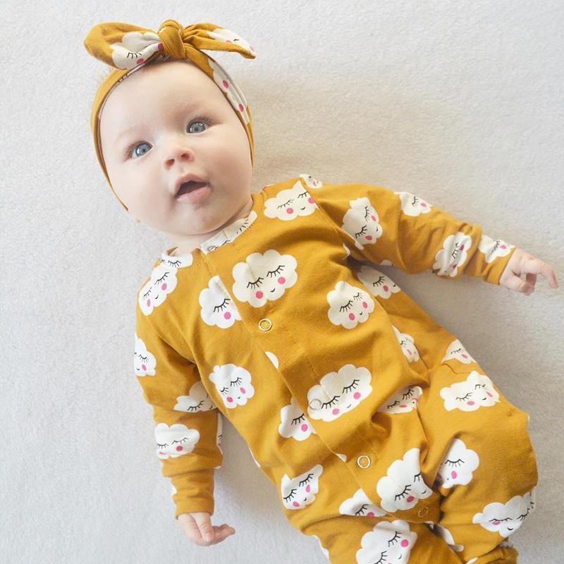 Cute Yellow Cloud Smiley Printed Long-sleeve Jumpsuit - PrettyKid