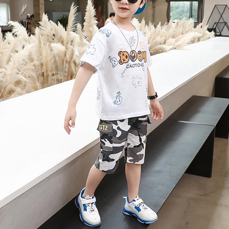 Kid Boy Letter Cartoon Pattern Top & Camouflage Shorts - PrettyKid