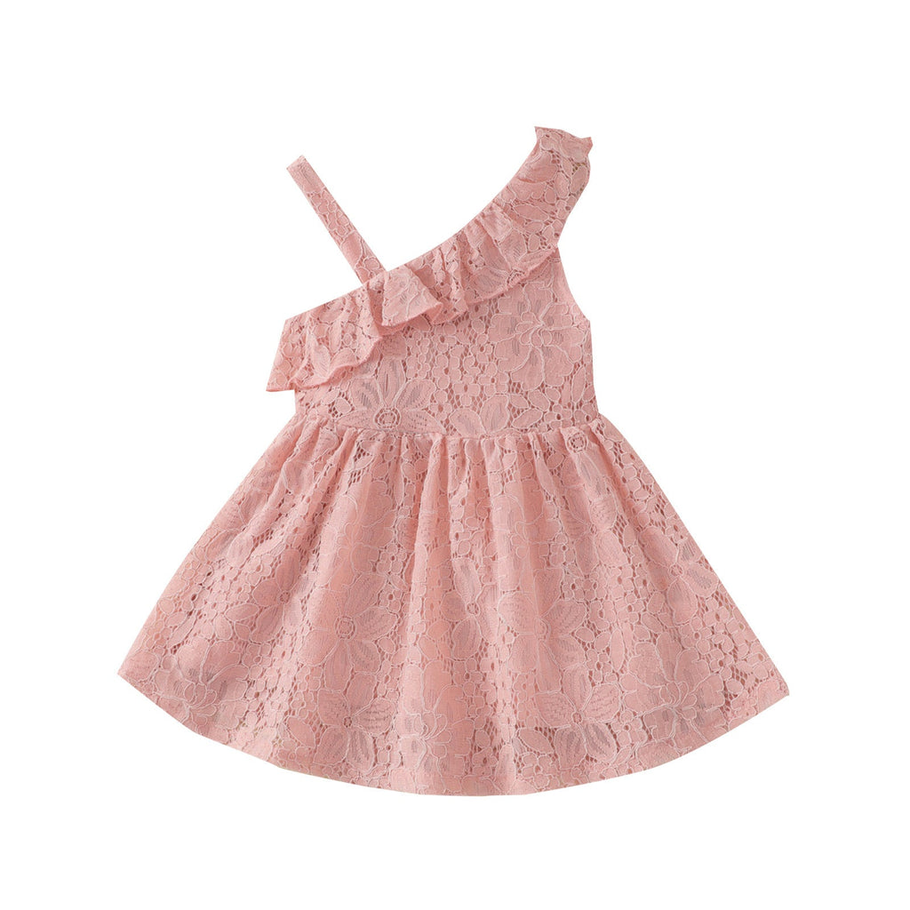 18M-6Y Toddler Girls Slanted Shoulder Lace Dresses Wholesale Little Girl Clothing