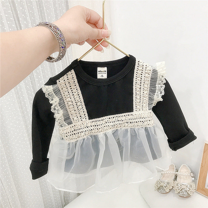 Baby Girl Fake Two Pieces Of Lace Mesh Stitching T-Shirt Baby Tee Shirts Wholesale - PrettyKid