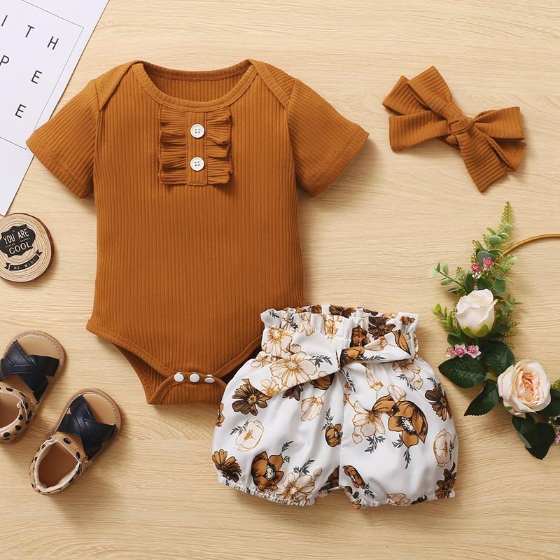 Baby Girl 3pcs Floral Pattern Suit T-Shirt & Short & Headhand - PrettyKid