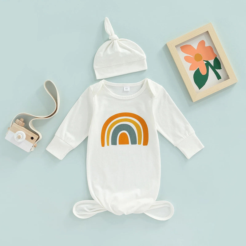 0-3months Newborn Baby Rainbow Print Long Sleeve Sleeping Bag & Hats - PrettyKid