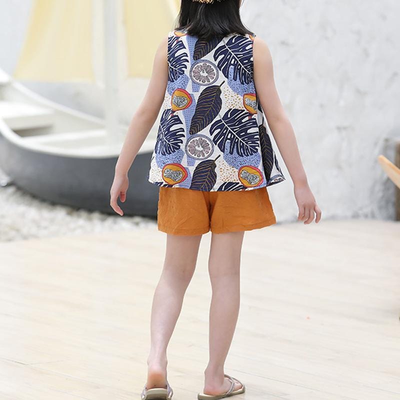 Girl Tropical Print Sleeveless Top & Solid Color Shorts - PrettyKid