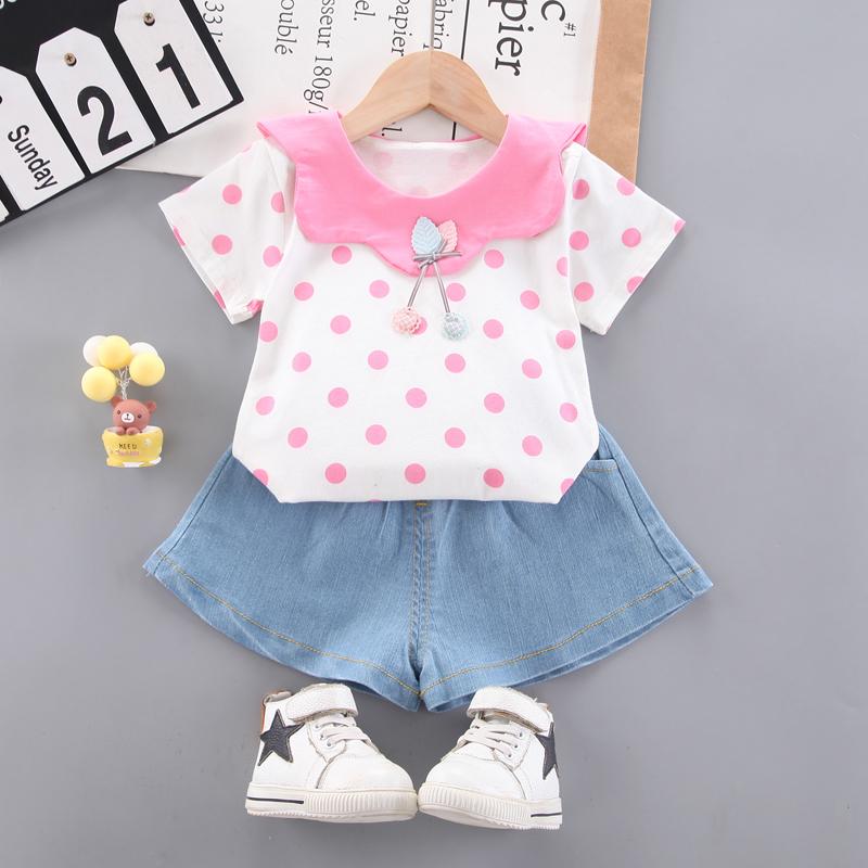 Toddler Girl Polka Dot T-shirt & Denim Shorts Wholesale Children's Clothing - PrettyKid