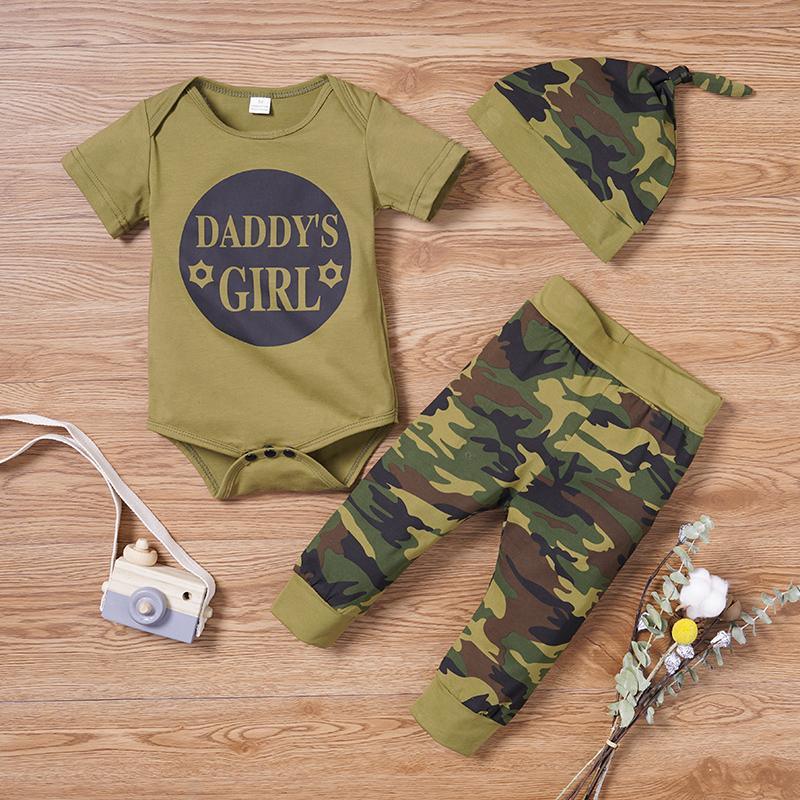 3-Piece Short-Sleeve Letter Print Bodysuit, Camouflage Pants and Hat for Baby Clothing Wholesale - PrettyKid