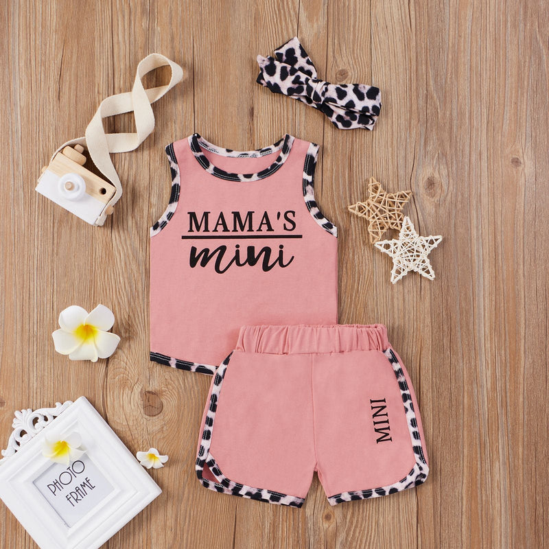 3months-3years Baby Toddler Girl Sets Leopard-Print Letter Vest & Shorts & Hair Accessories Three-Piece Suit Bulk Baby Clothes - PrettyKid