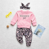 Baby Girl Letter Print Sweatshirt And Leopard Print Pants And Headband Baby Outfit Sets - PrettyKid