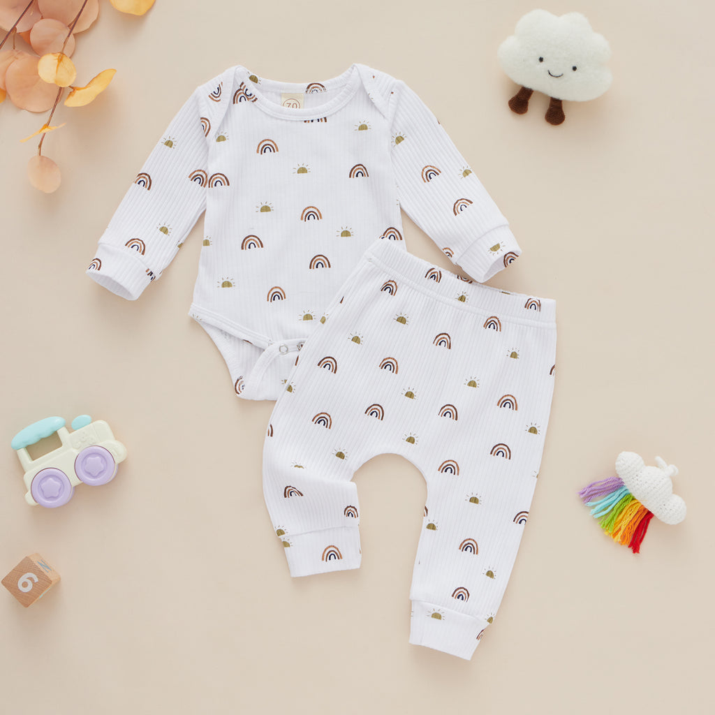 Baby Long Solid Color Long Sleeve Rainbow Print Suit - PrettyKid
