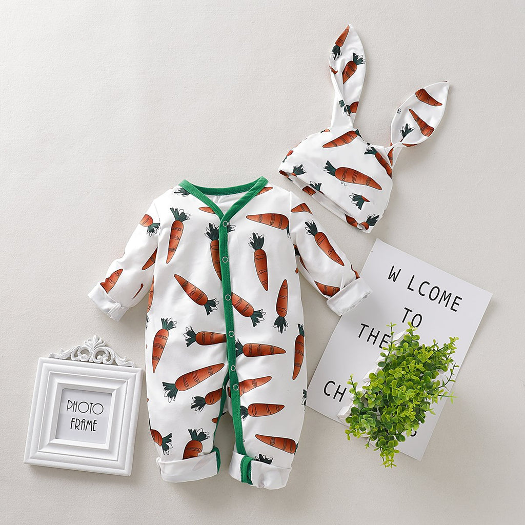 2-piece Carrot Printed Jumpsuit & 3D Design Hat for Baby Girl Children's clothing wholesale - PrettyKid