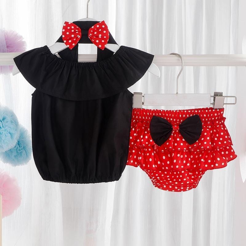 Baby Girl Ruffle Collar Top & Polka Dot Shorts & Headband - PrettyKid