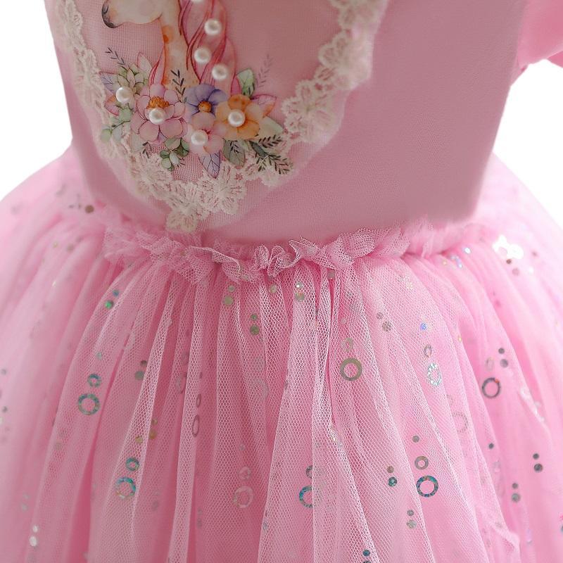 Girl Unicorn Pattern Puff Sleeve Mesh Hem Formal Dress - PrettyKid