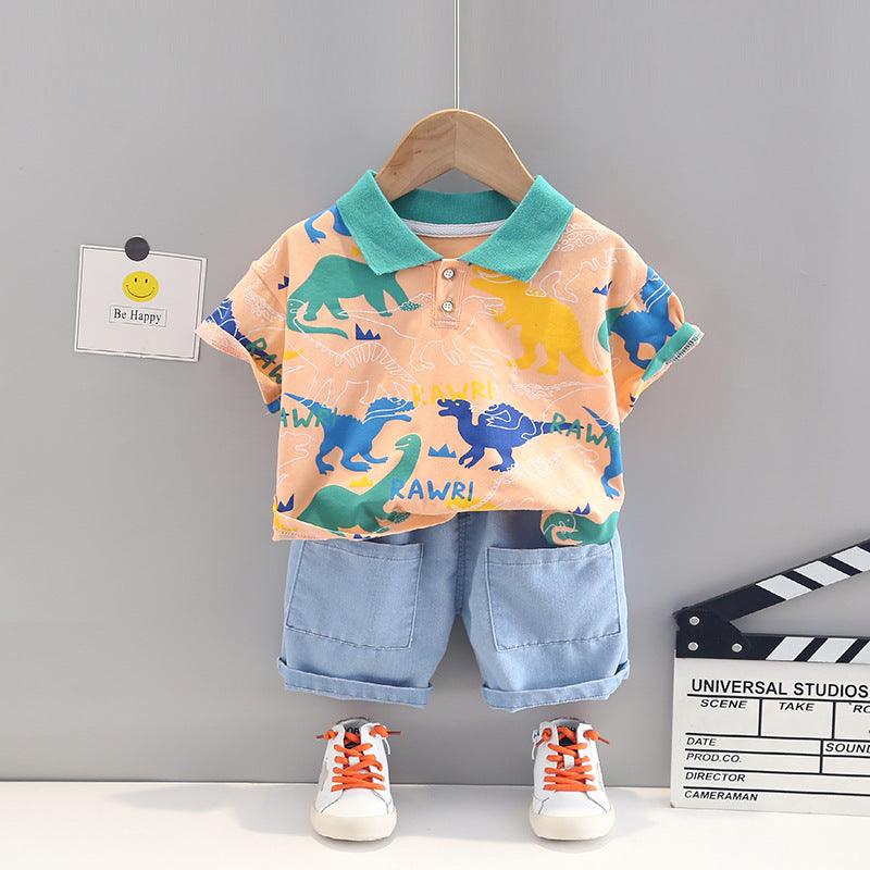 9M-4Y Toddler Boy Clothing Wholesale Outfits Sets Full Print Dinosaur Polo Shirts & Denim Shorts - PrettyKid