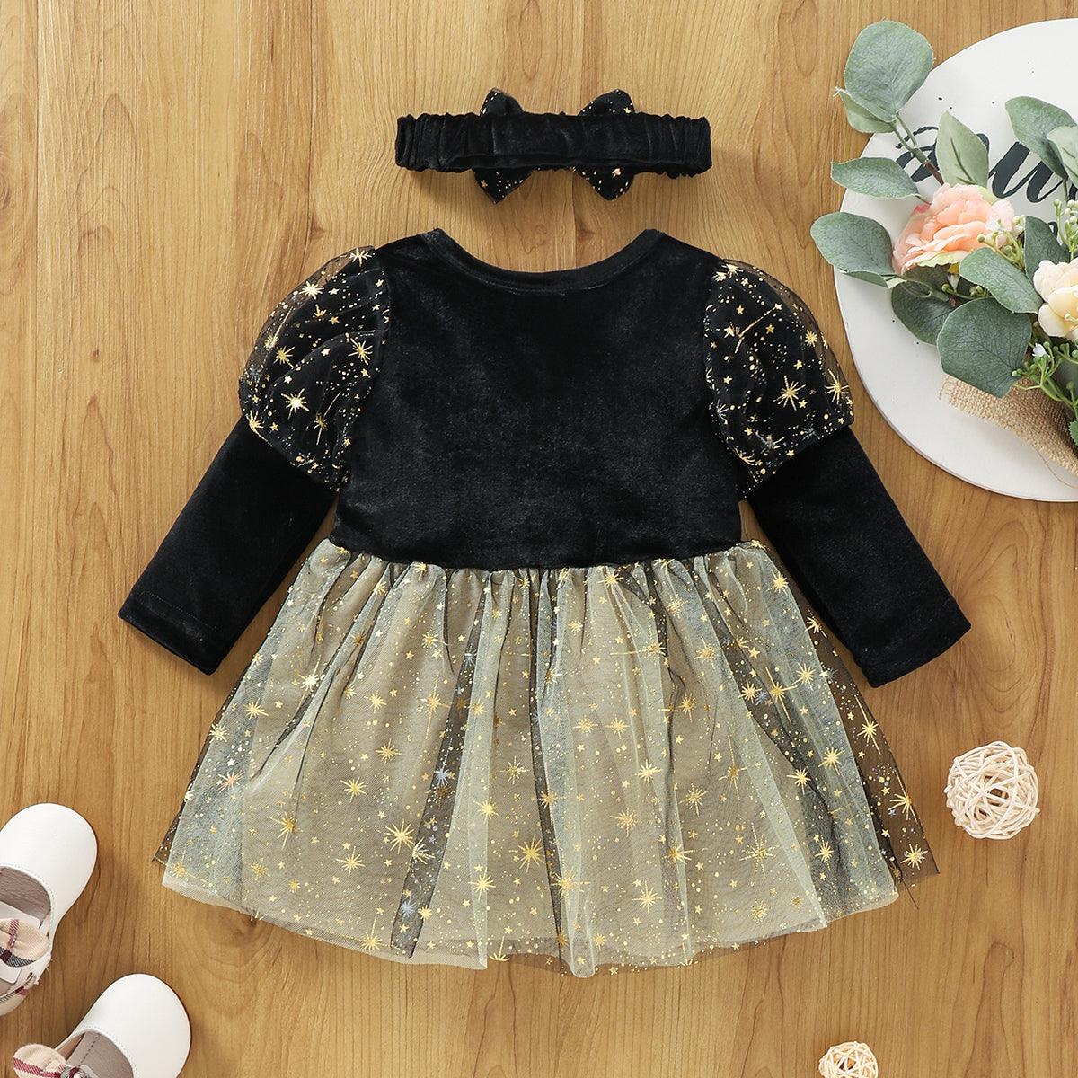 Baby Girls Long Sleeve Black Lace Mesh Dress - PrettyKid