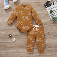 Baby Boy Rainbow Print Ribbed Bodysuit And Pants Two Piece Baby Sets - PrettyKid