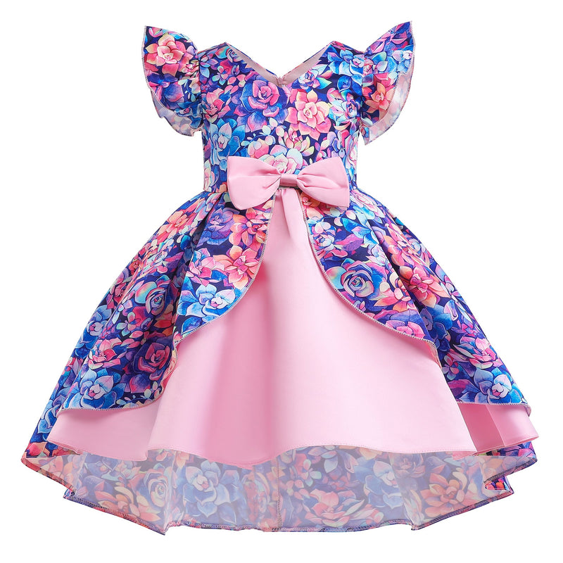18months-9years Girls Formal Dresses Floral Print Flying Sleeves Irregular Stitching V-Neck Wholesale Girls Fashion Clothes - PrettyKid