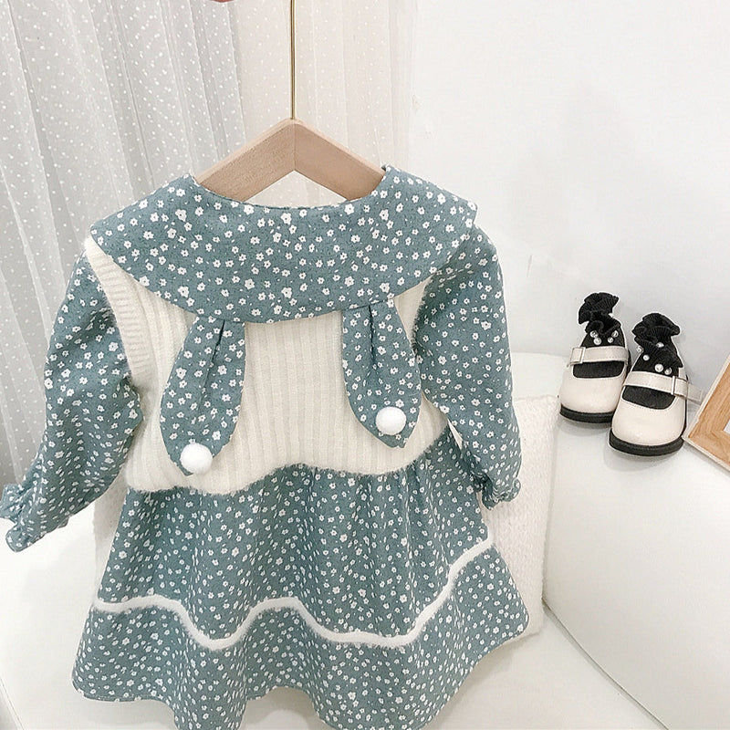 Bunny Ears Floral Dresses Knitted Vest Wholesale Girls Outfits Sets - PrettyKid