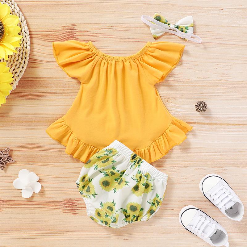 3-piece Romper & Floral Headband & Floral Shorts for Baby Girl - PrettyKid