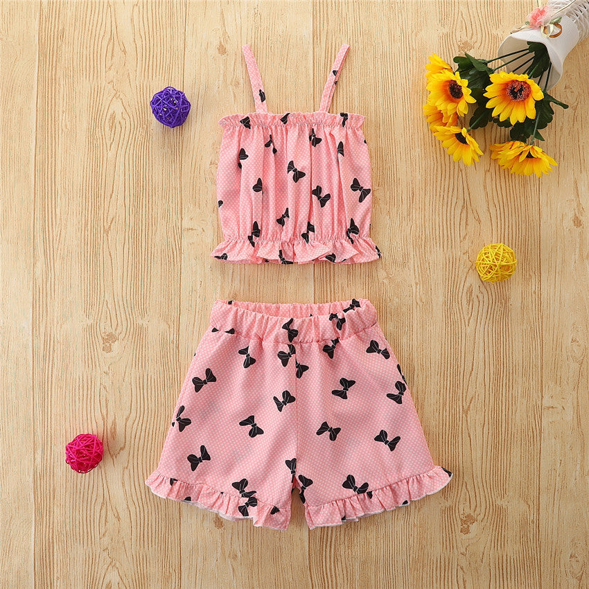 Bowknot Decor Printing Camisole Ruffled And Hem Shorts Wholesale Toddler Girl Sets - PrettyKid