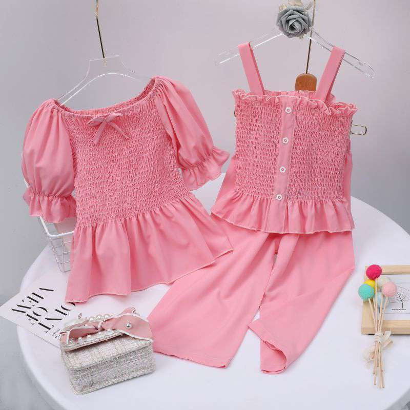 3 Pieces Solid Color Frill Trim Puff Sleeve Cami Top With Pants Sets Wholesale Trendy Kids Clothing - PrettyKid