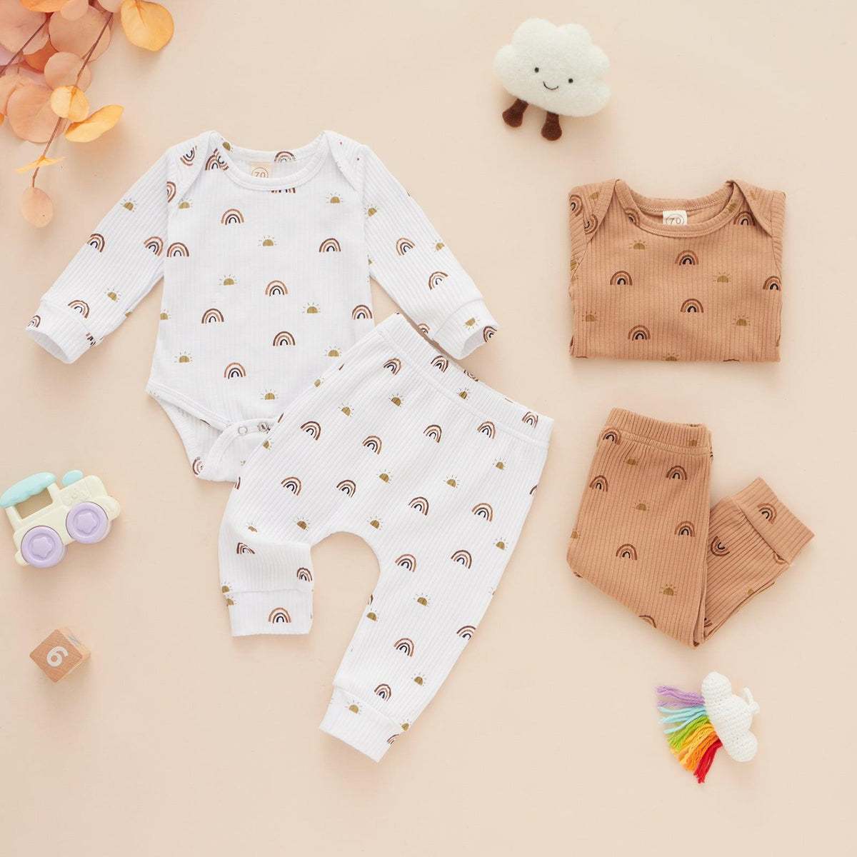 Baby Long Solid Color Long Sleeve Rainbow Print Suit - PrettyKid