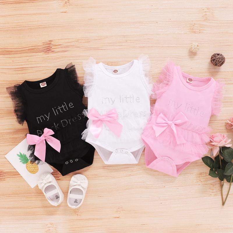 Pretty Letter Lace Ruffled-sleeve Bodysuit with Cute Bowknot - PrettyKid