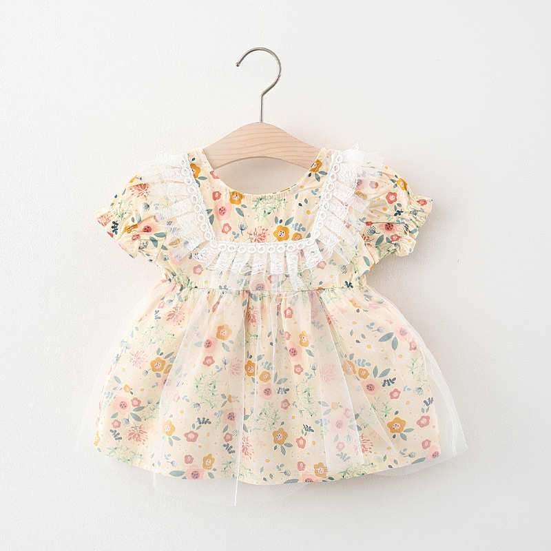 Baby Girl Floral Pattern Summer Mesh Hem Dress - PrettyKid