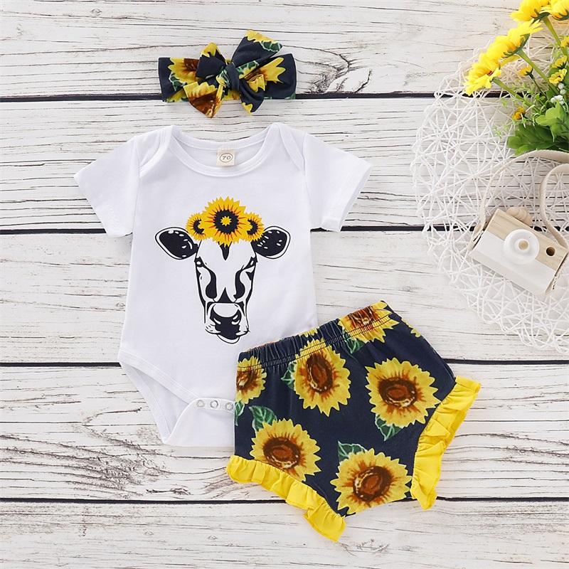 Baby Girl Cow Pattern Bodysuit & Sunflower Print Shorts & Headband - PrettyKid