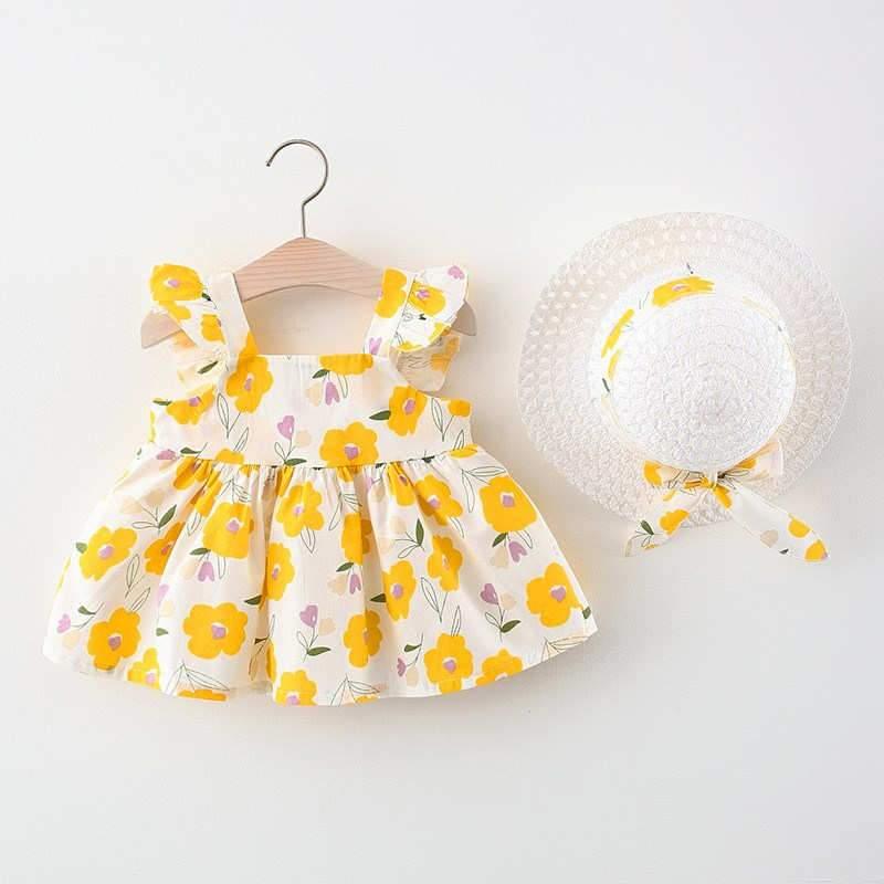 Baby Girl Floral Print Dress & Straw Hat - PrettyKid