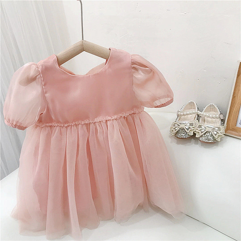 18M-6Y Cute Dresses For Girls Back Large Bow Stitching Short Sleeves Wholesale Toddler Clothing - PrettyKid
