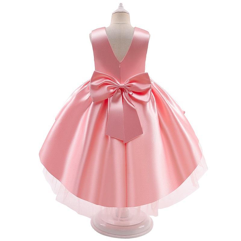 Girl Solid Color Bow Decor Sleeveless Mesh Hem Formal Dress - PrettyKid