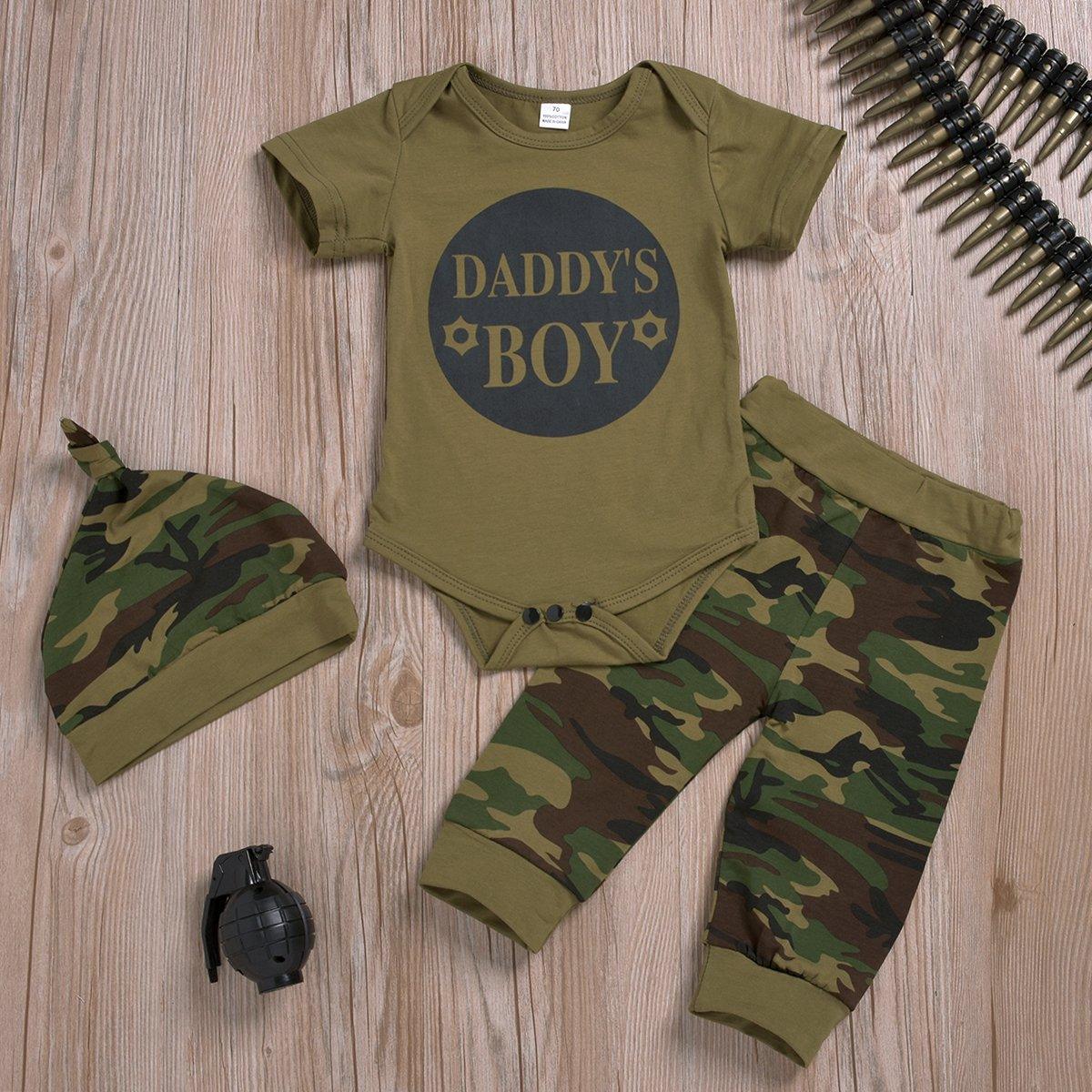 3-Piece Short-Sleeve Letter Print Bodysuit, Camouflage Pants and Hat for Baby Clothing Wholesale - PrettyKid