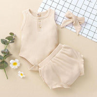 Baby Girl 3pcs Solid Pattern Suit Bodysuit & Short & Headhand - PrettyKid