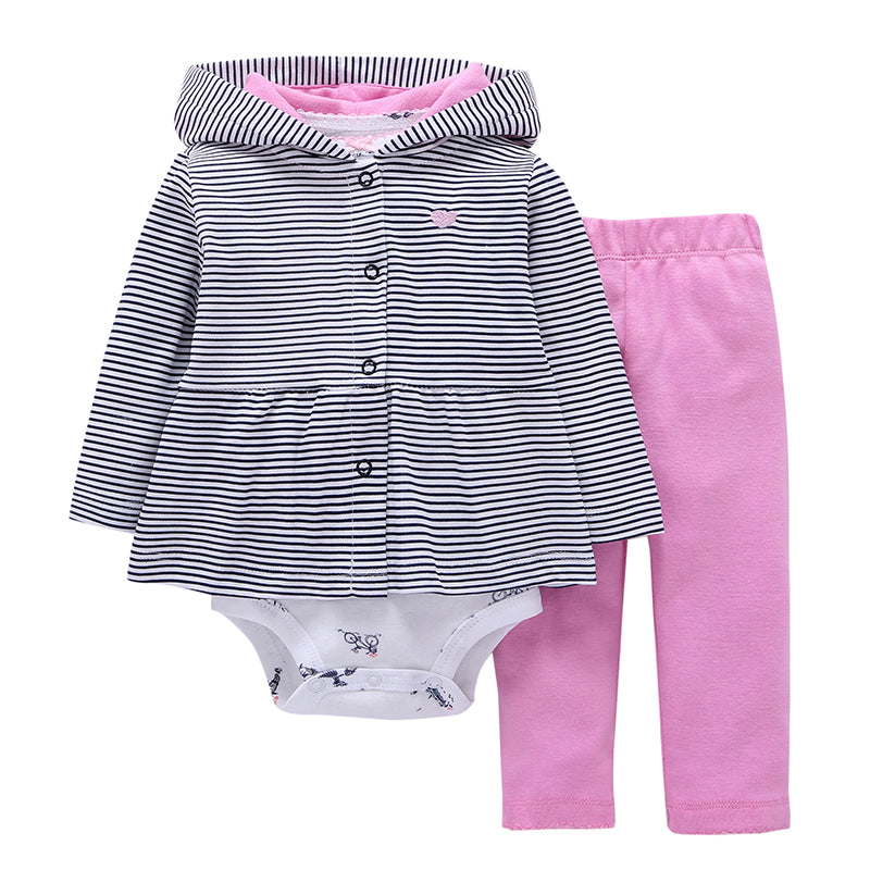 Baby Girls Long Sleeve Hooded Striped Coat Sweater Printed Khaki Pants Three Piece Set Designer Baby Clothes Wholesale - PrettyKid