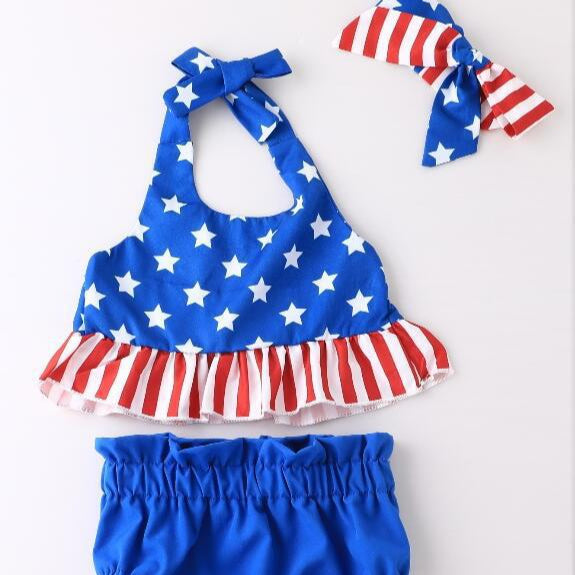 3-18months Baby Sets 2022 Little Girl Suspender Suit Summer New Independence Day Striped Girl 3-Piece Suit - PrettyKid