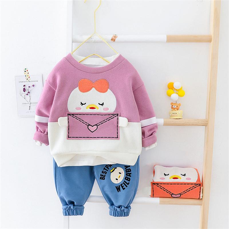 traditional baby clothes wholesale Toddler Girl Duck Pattern Color-block Top & Pants - PrettyKid