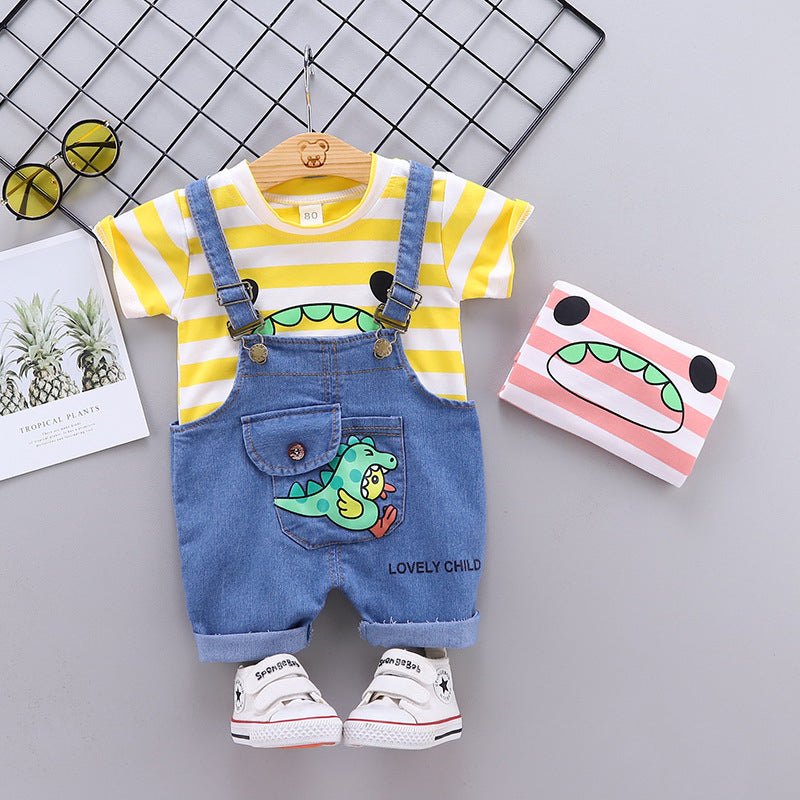 Cartoon Stripe T-Shirt Dinosaur Denim Shorts Wholesale Toddler Clothing - PrettyKid