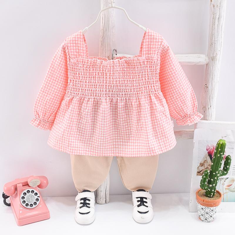 boy designer clothes wholesale Toddler Girl Plaid Square Collar Top & Pants - PrettyKid