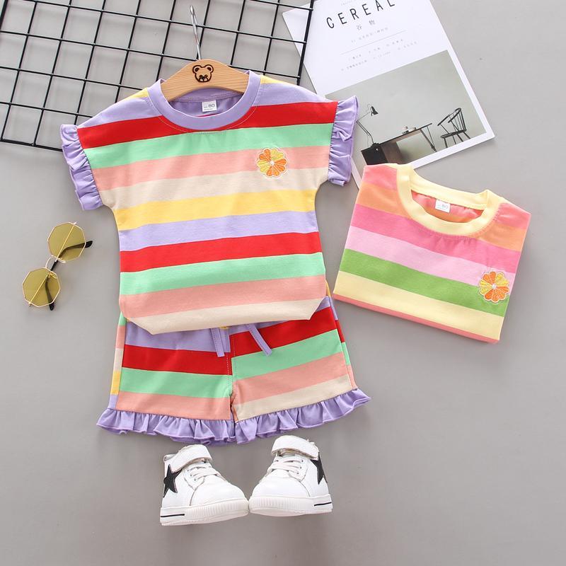 Toddler Girl Rainbow Gradient Stripe Suit Wholesale Children's Clothing - PrettyKid