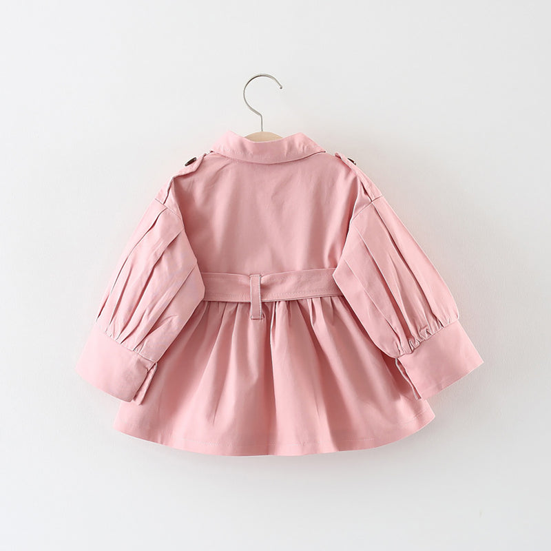 Wholesale Baby Solid Color Double-breasted Placket Tied Lantern Sleeve Short Trench Coat in Bulk - PrettyKid
