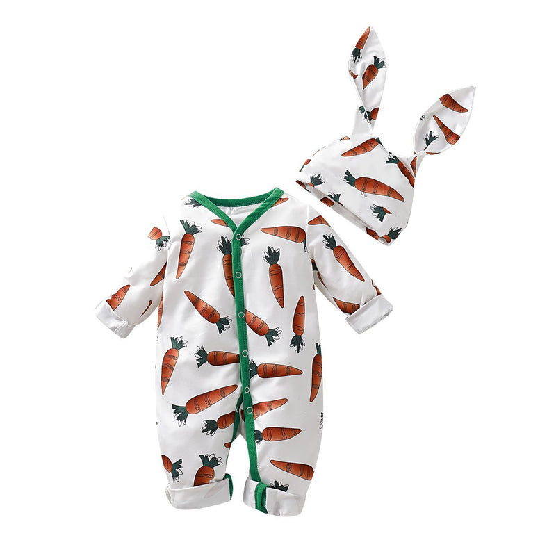 2-piece Carrot Printed Jumpsuit & 3D Design Hat for Baby Girl Children's clothing wholesale - PrettyKid