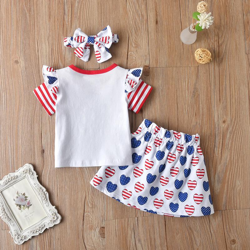 Toddler Girl Independence Day Letter Print T-shirt & Heart-shaped Pattern Skirt & Headband - PrettyKid