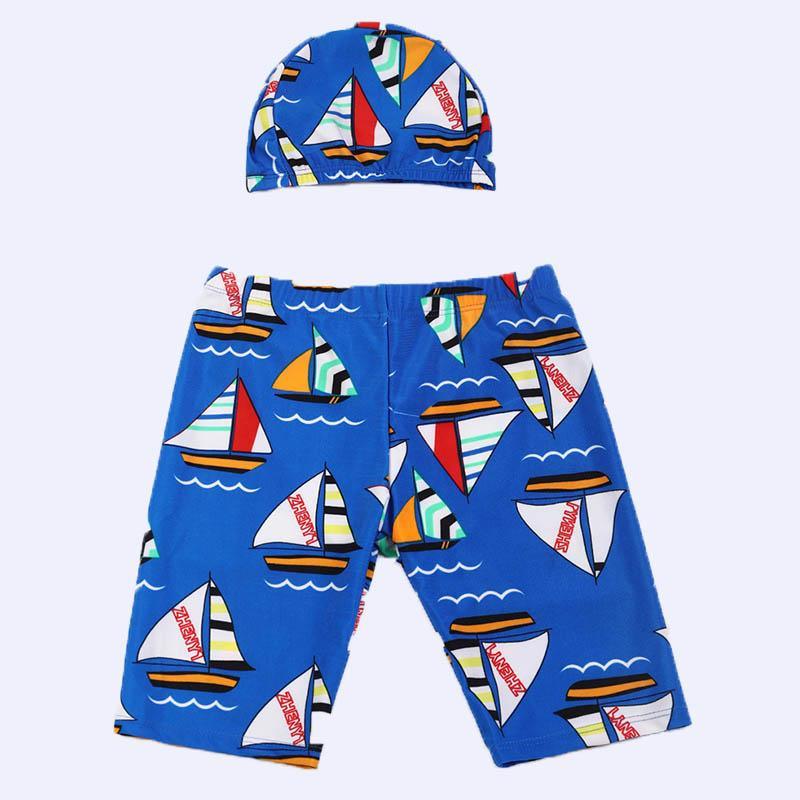 Kid Boy Cartoon Sailboat Patten Swimming Trunks & Swimming Cap 2 Pic - PrettyKid